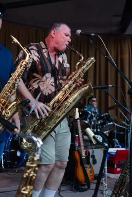 Donald Bowman performing with The Alan Rigg Band at Friday Night Concerts, Plaza Park, July 2021