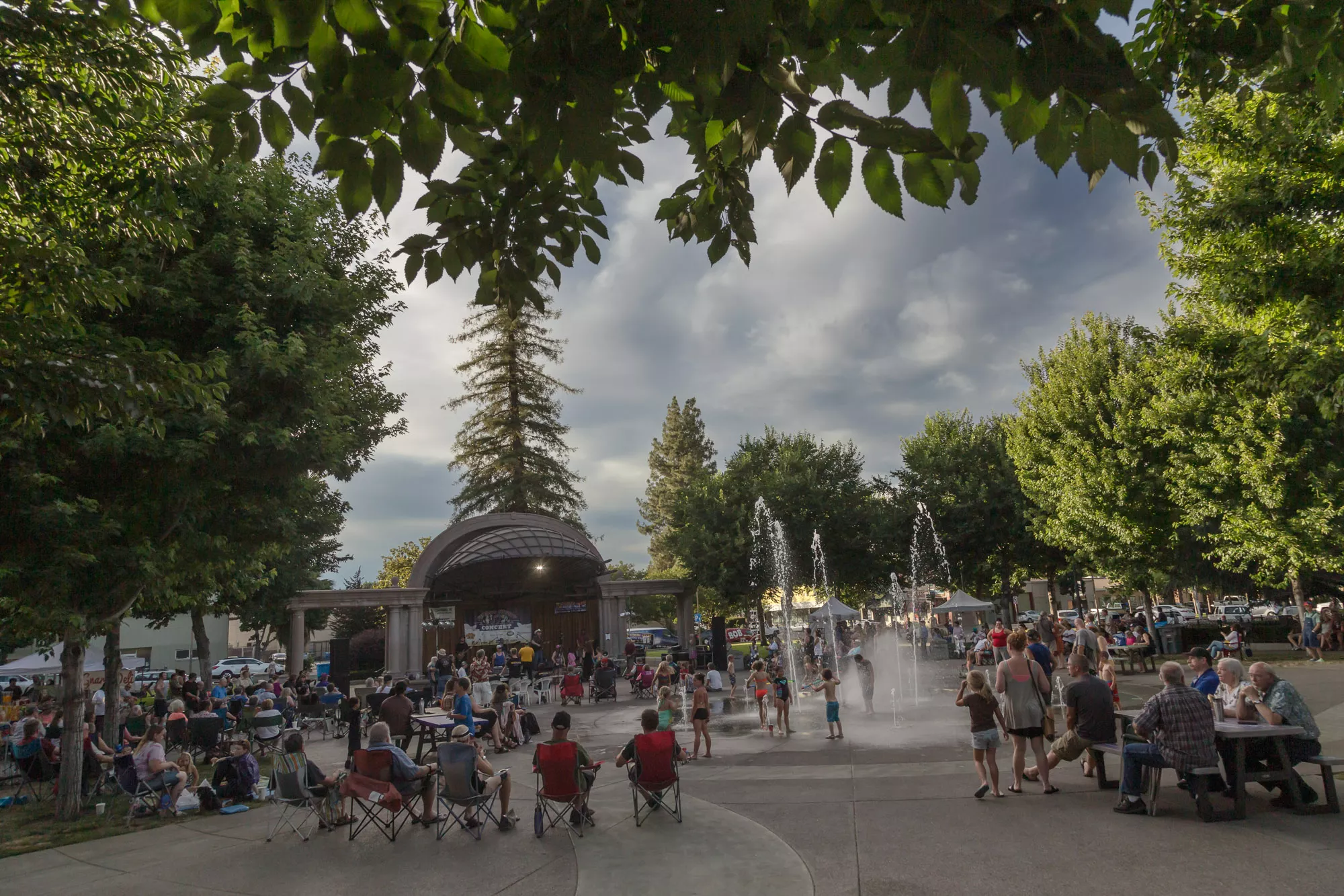 A view of the plaza as the Blue Merles perform during the 2017 Friday Night Concert series in Plaza Park, downtown Chico.