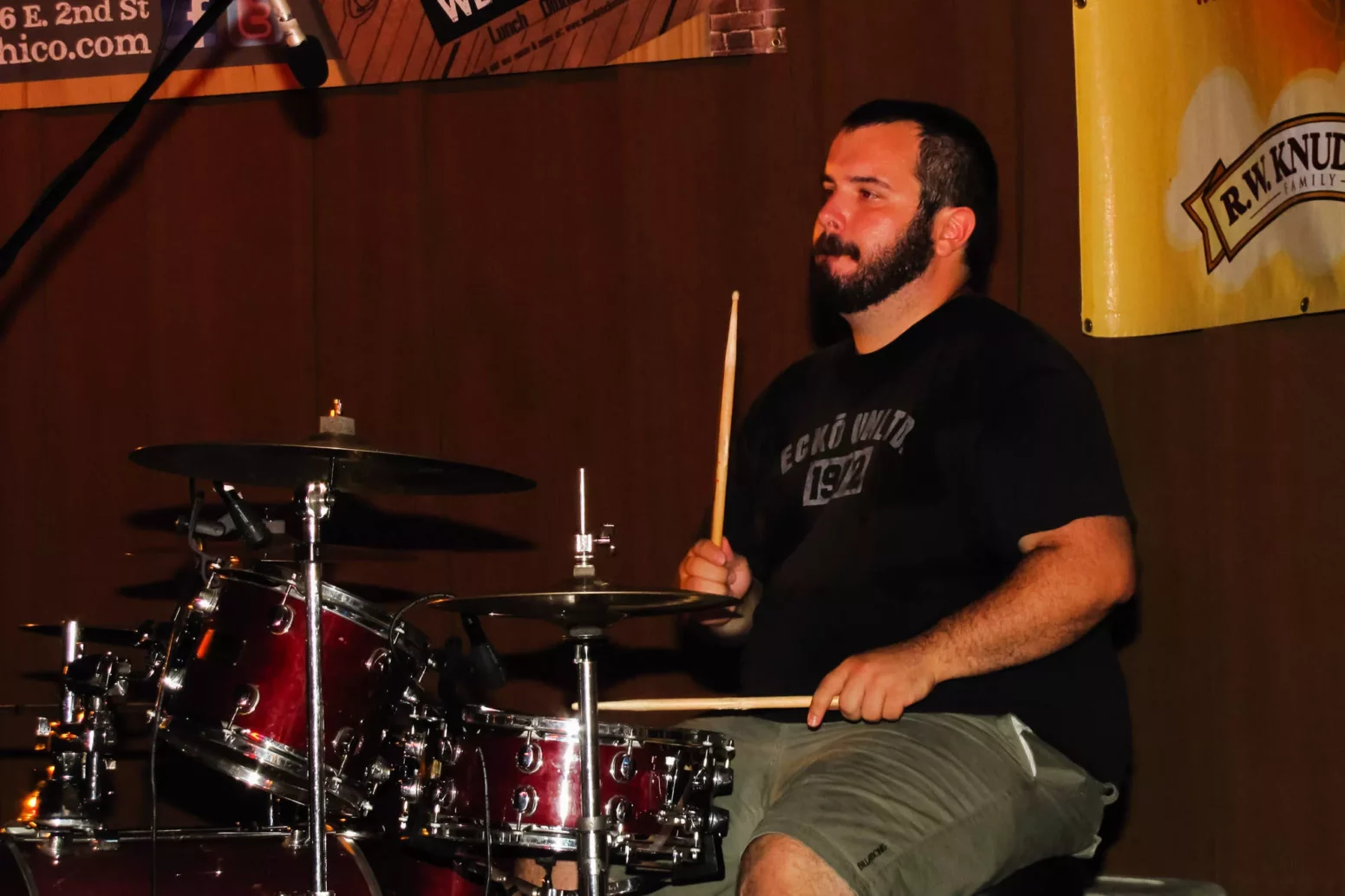 Tyler Coates on drums as The Jeff Pershing performs during Friday Night Concerts.