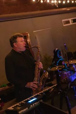 Donald Beaman performing with the Jeff Pershing Band on LaSalles patio, Halloween weekend 2022.