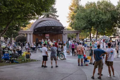 A view from the plaza as Smokey The Groove performs for the Friday Night Concert series in Plaza Park - Chico, CA - 2021
